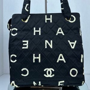 CHANEL Black and White Quilted Logo Shoulder Bag